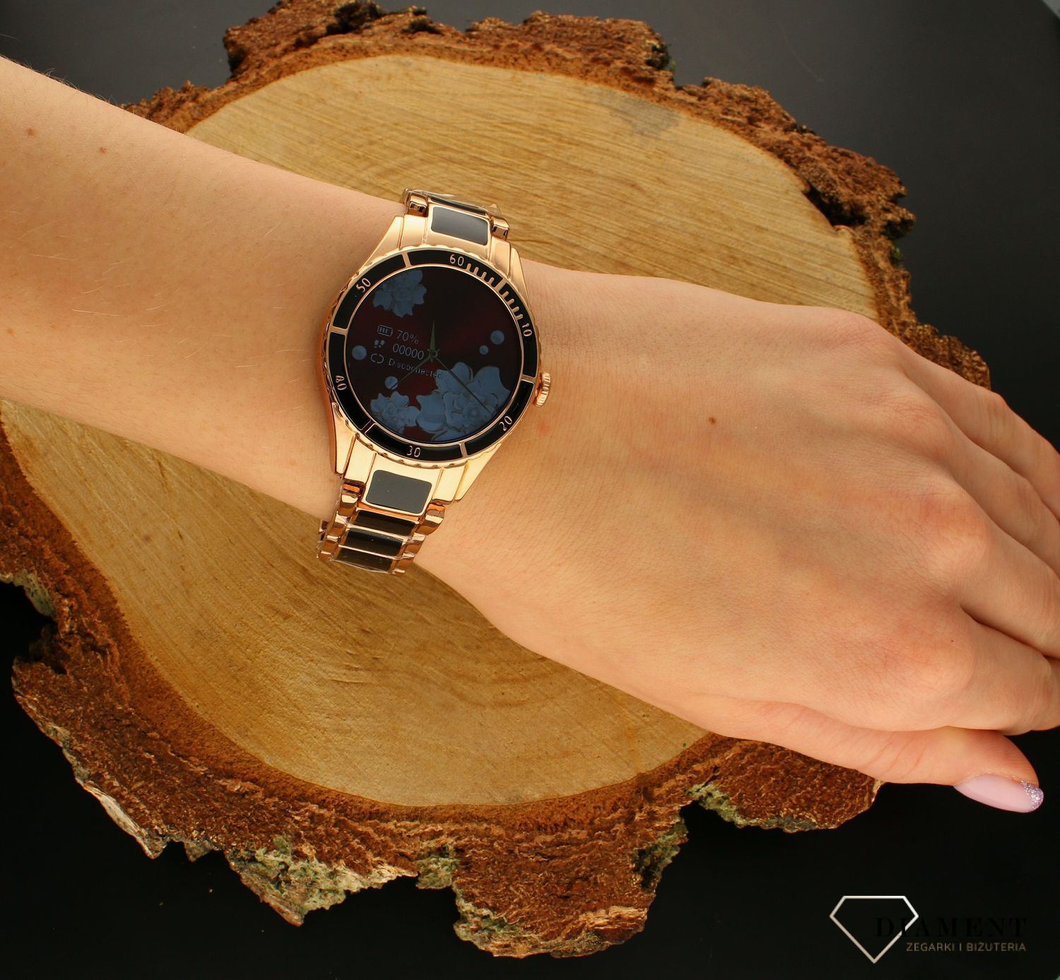 Smartwatch damski Rubicon Różowe złoto z czarnymi dodatkami RNCE82 Czarny (1).jpg